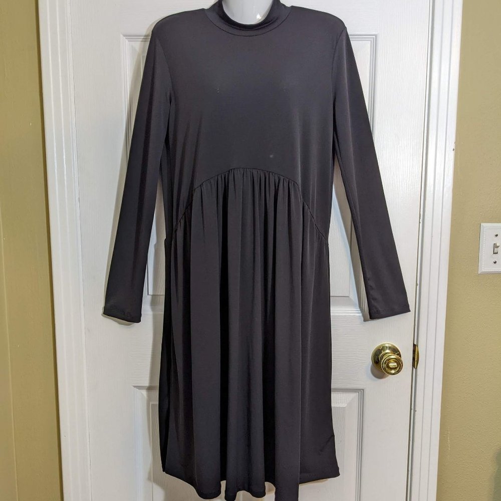 Zara Black Mock Neck Long Sleeve Drop Waist Midi Length Dress - size M - Picture 1 of 12